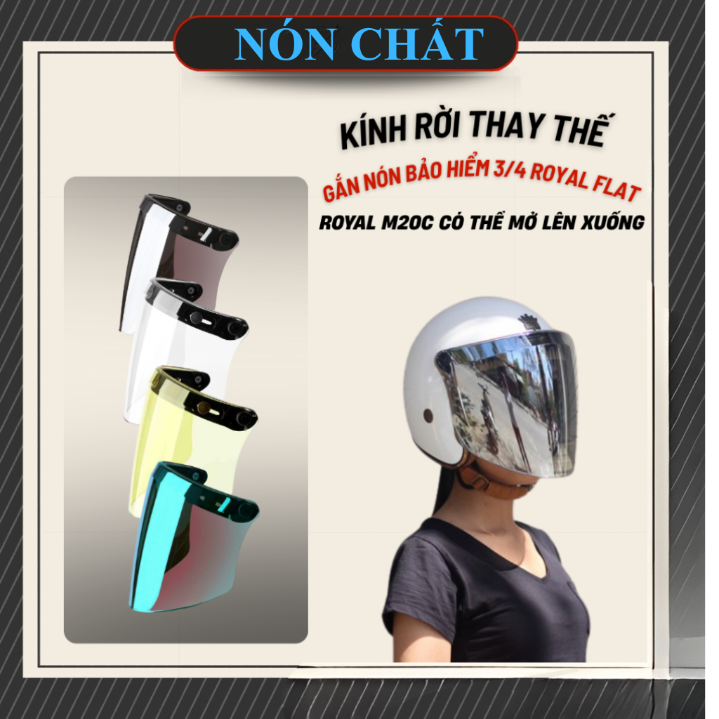 Kính Flat dài gắn nón bảo hiểm 1/2 có 3 nút bấm, nón 3/4 có 3 nút bấm