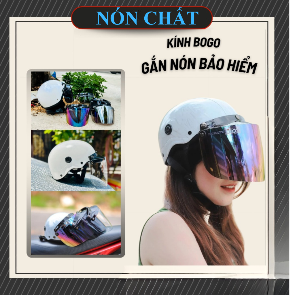 Kính Bogo malaysia có lưỡi trai, gắn cho nón sơn, nón 1/2 và nón 3/4 có 3 nút đồng