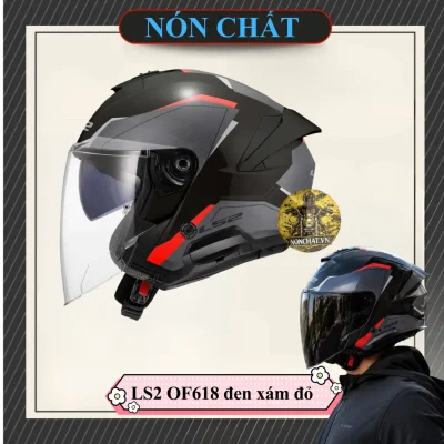 Nón 3/4 2 kính LS2 OF618 đen xám đỏ