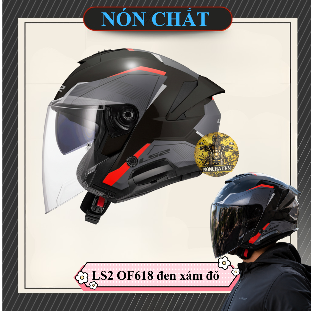Nón 3/4 2 kính LS2 OF618 đen xám đỏ