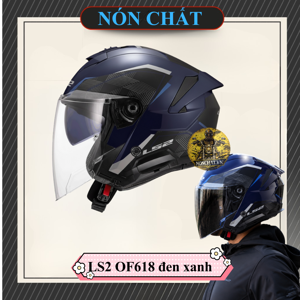 Nón 3/4 2 kính LS2 OF618 đen xanh dương